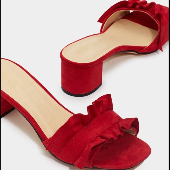 Nasty Gal Scarlet Red Suede Ruffle Block Heels Mules - Picture 2 of 9